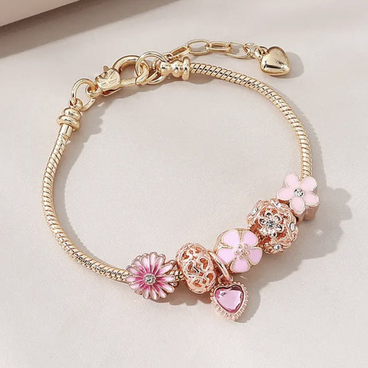 Pink Heart Daisy Beaded Bracelet Hollow Diamond Flower Ball Bracelet