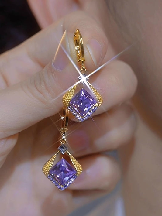 Purple Crystal Rhombus Full Diamond Earrings Fashion Jewelry