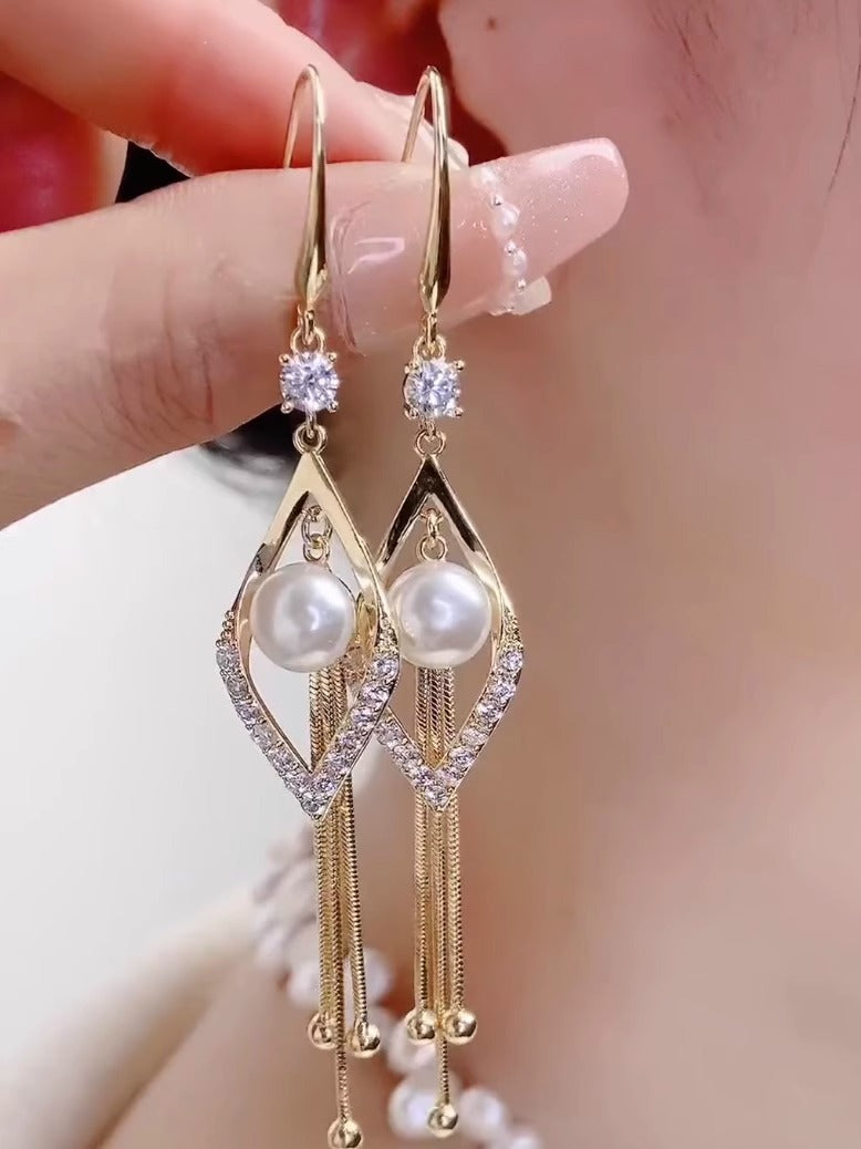 18K Gold Pearl Tassel Earrings Women's Accessories