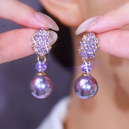 Purple Full Diamond Leaf Pearl Earrings S925 Silver Needle Female Accessories