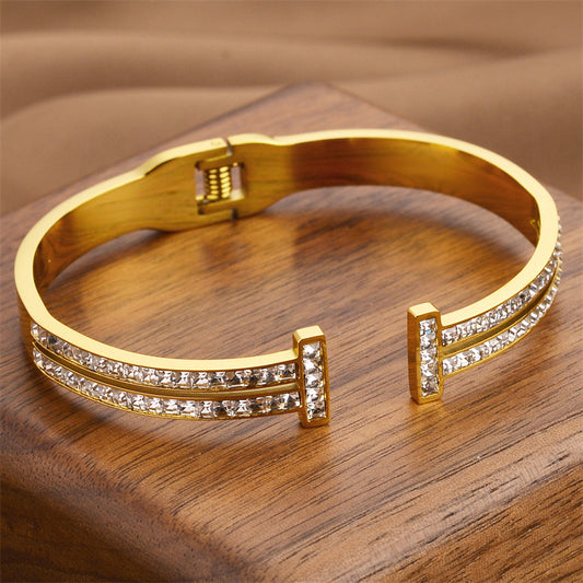 Open Double T Bracelet Women Rose Gold Diamond Geometric T-Shaped Titanium Steel Bracelet