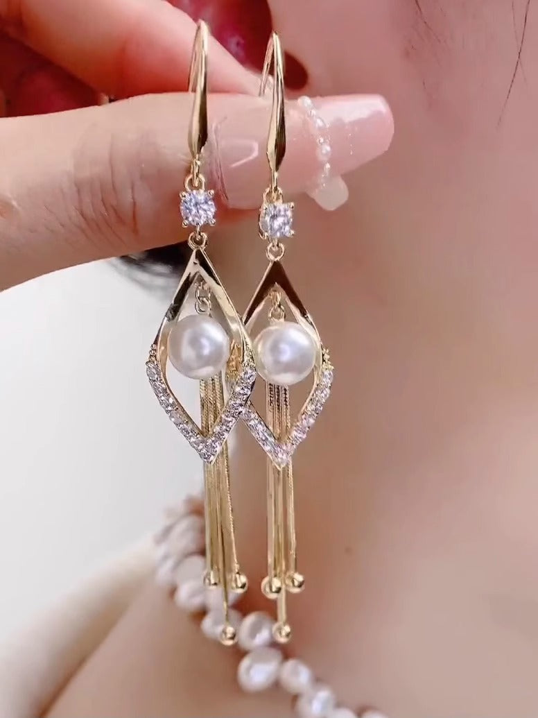 18K Gold Pearl Tassel Earrings Women's Accessories