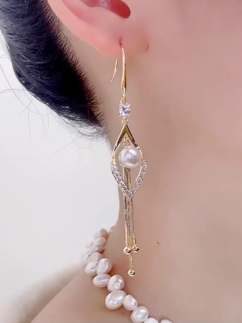 18K Gold Pearl Tassel Earrings Women's Accessories