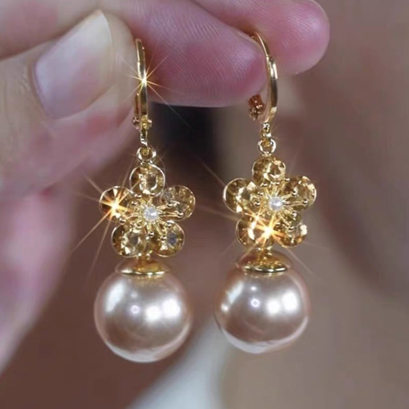 Autumn And Winter Champagne Flower Pearl Earrings For Women